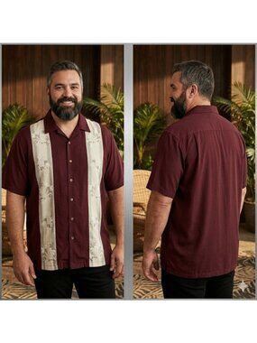 Island Shores Mens Hawaiian Shirt 3XL Red Striprf Palm Print Summer Casual